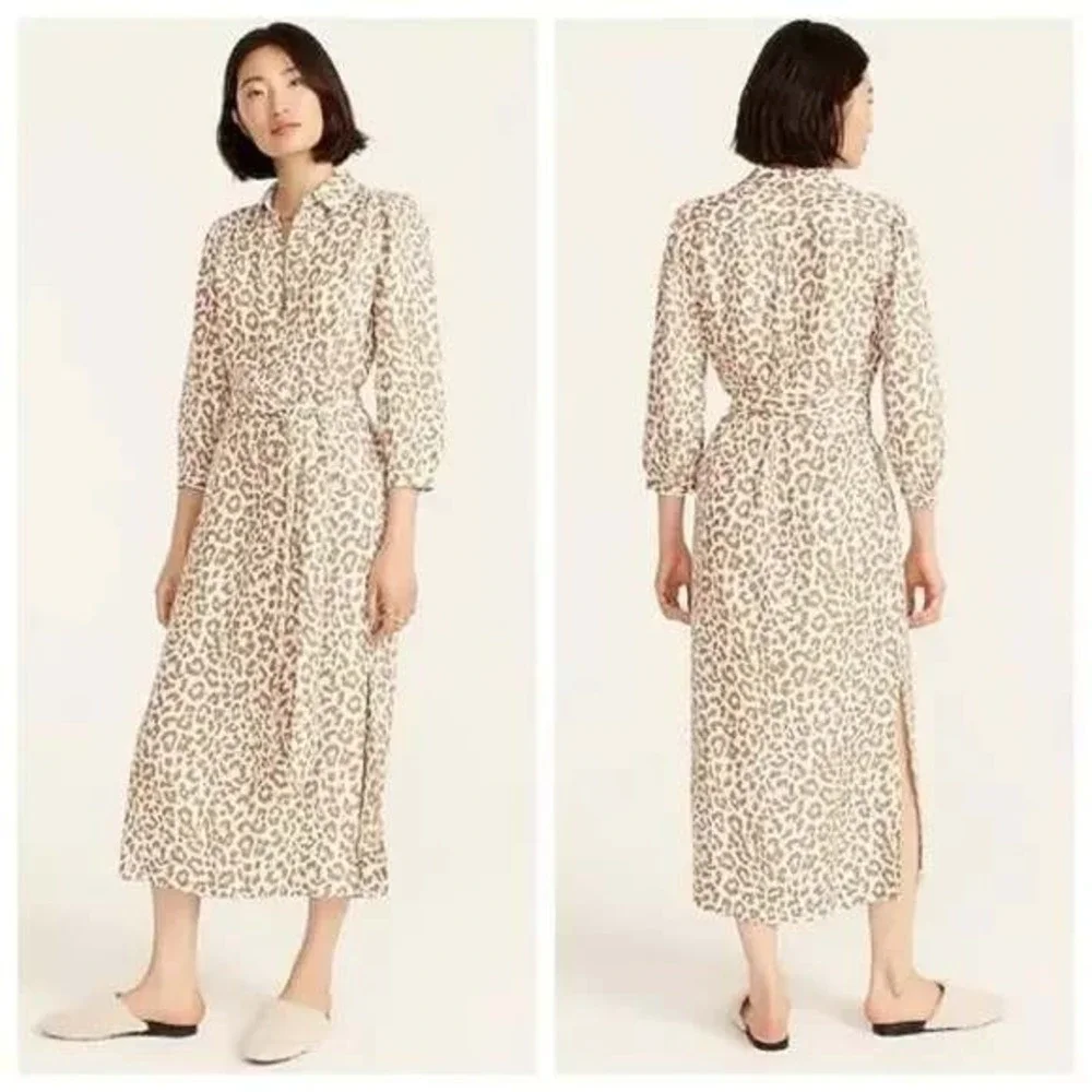 J Crew Midi Shirt Dress Bold Leopard Print Size 2 Belted Tie Waist Tan Cream